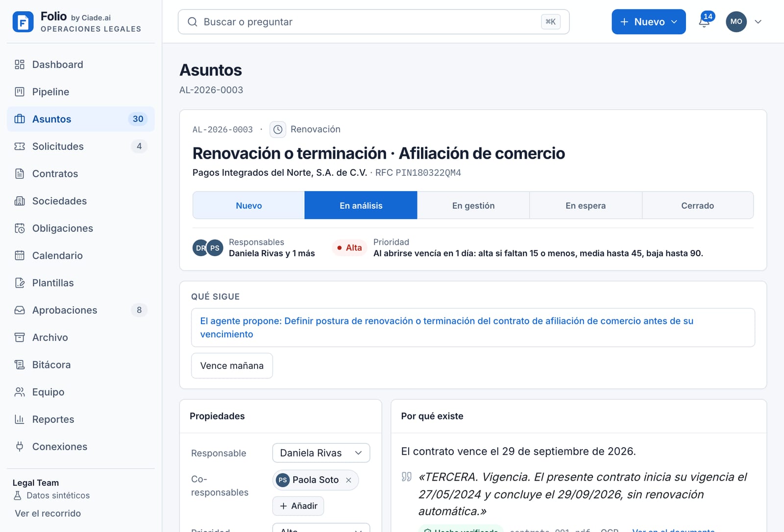 Ficha de un asunto de renovación con la cita literal del contrato y la propuesta del agente