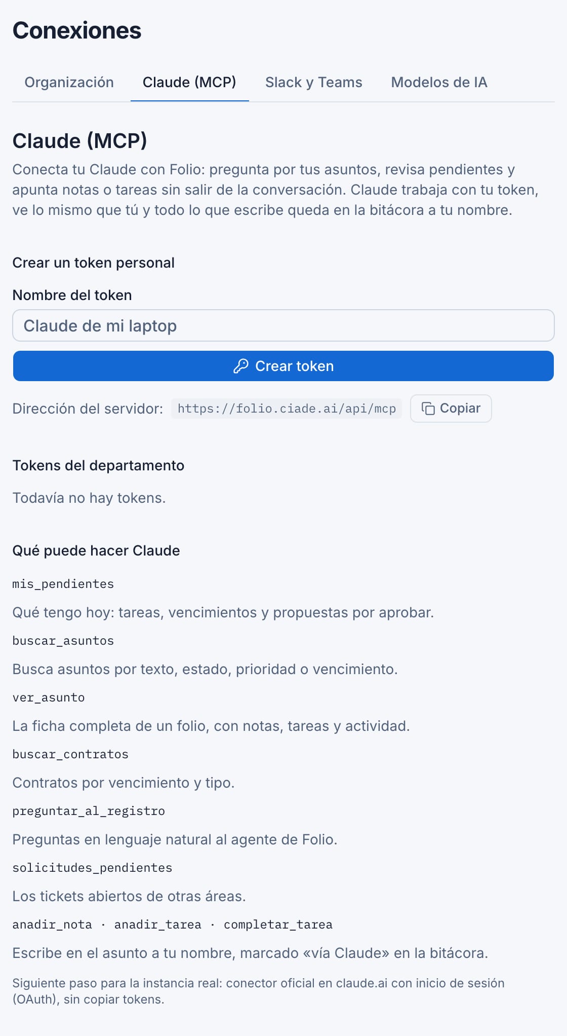 Pantalla de conexiones con el token personal para Claude y las herramientas disponibles