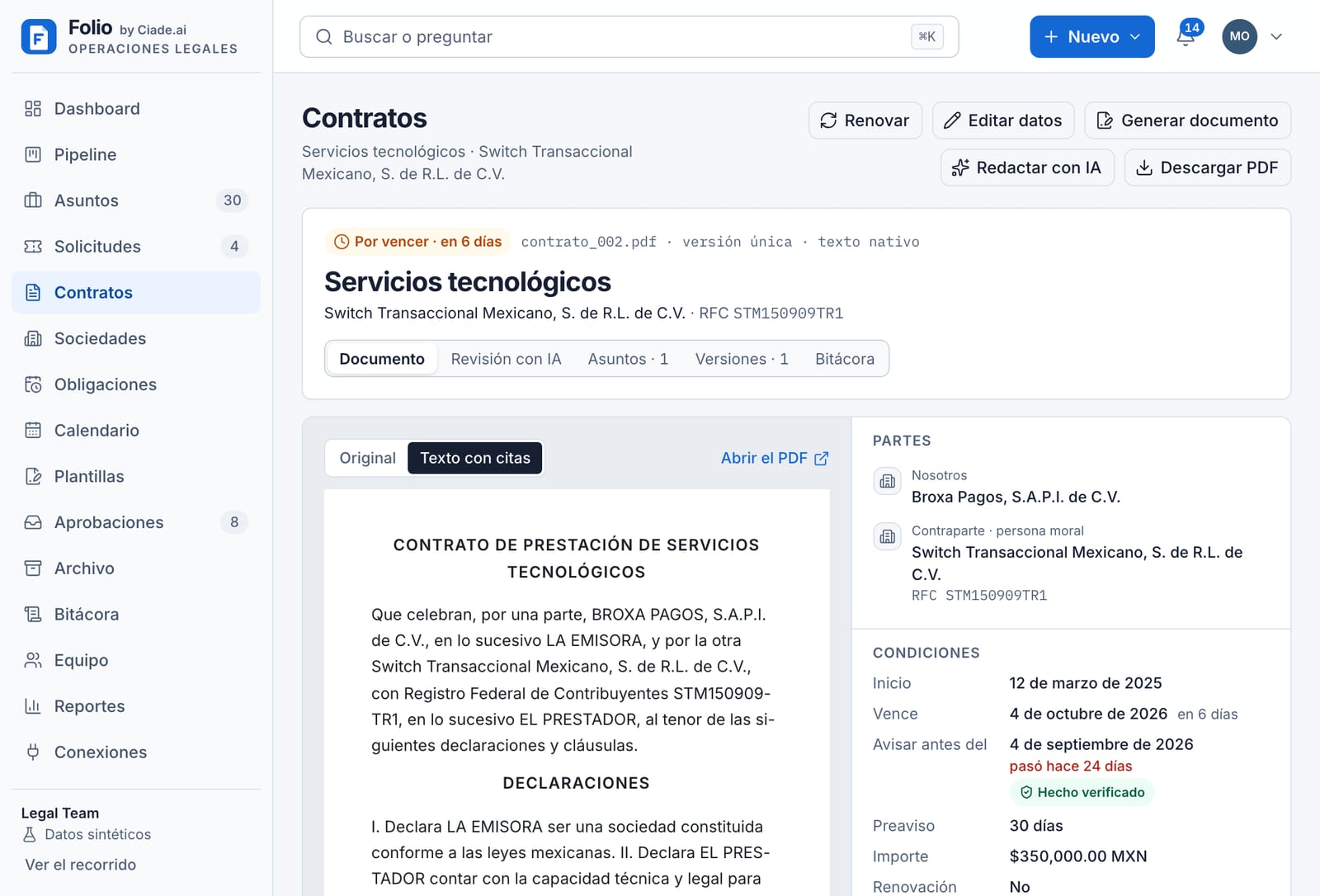 Ficha de un contrato con su texto, condiciones y cláusulas verificadas