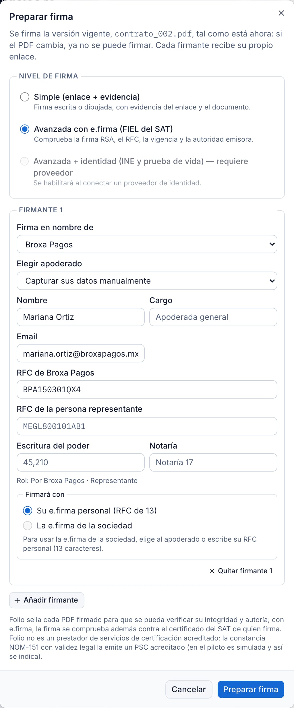 Diálogo para preparar la firma de un contrato: nivel de firma y firmantes